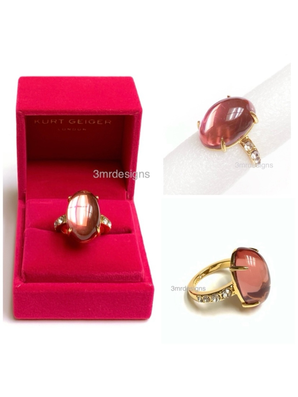 NIB KURT GEIGER Oval Pink Cabochon Dome Stone Gold Tone Glass Crystals Ring
